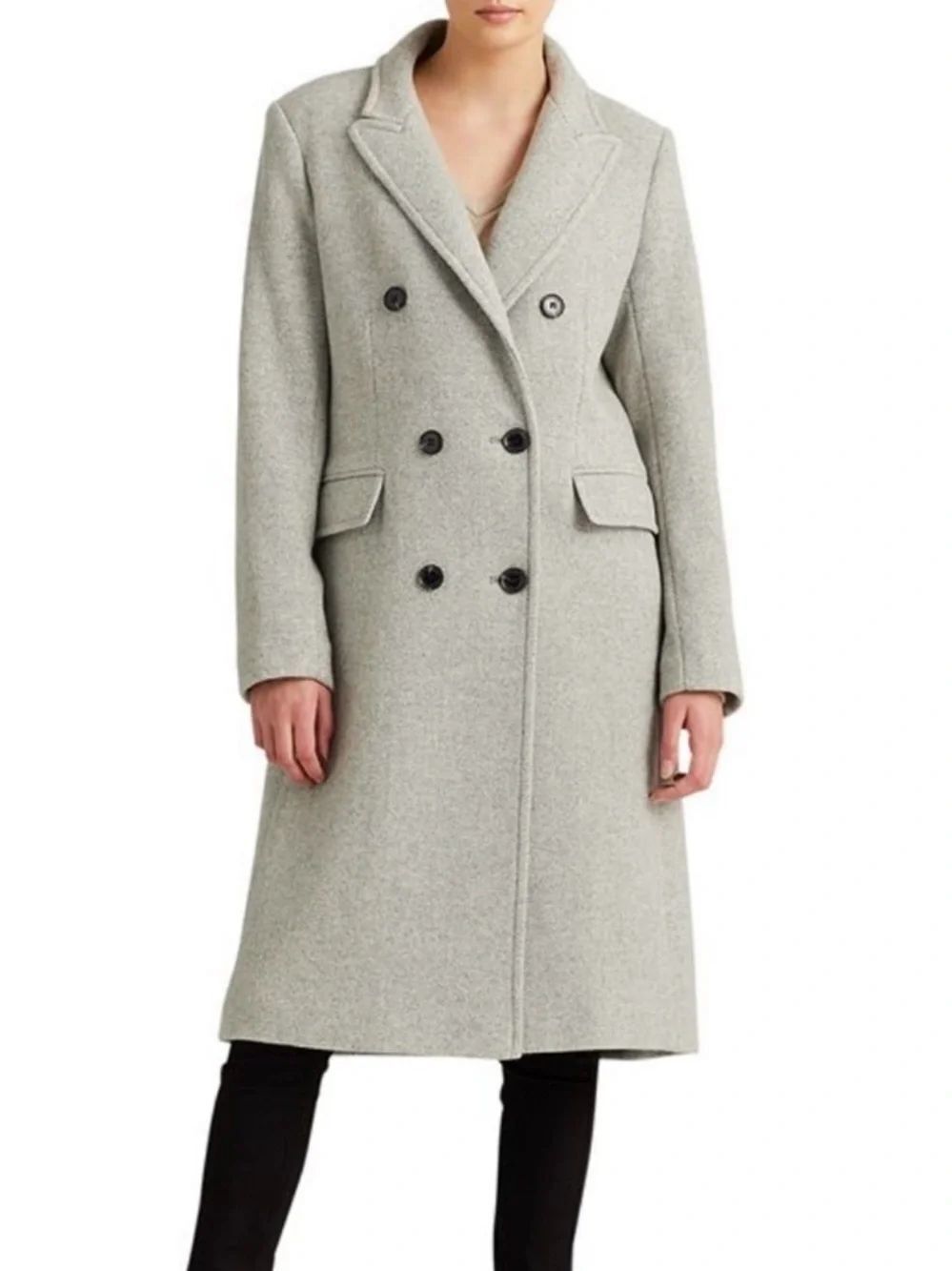 Lauren Ralph Lauren Gray Herringbone Wool Blend Double Breasted Long Coat 4